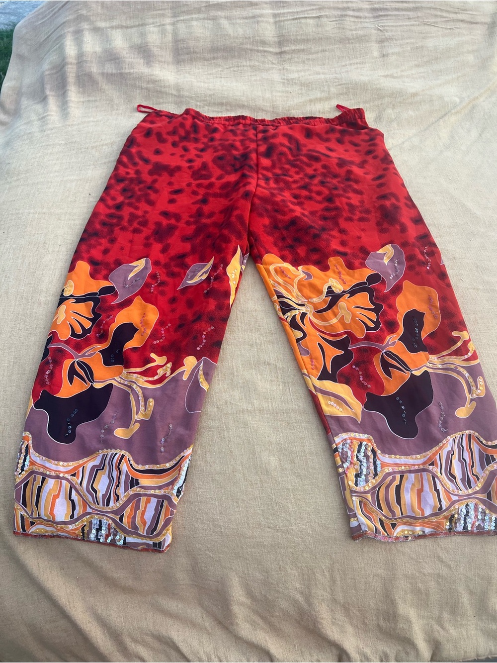 Vintage Plus Size Vibrant Wide Leg Pants Sunset Shades Red & Orange Sequins 1X